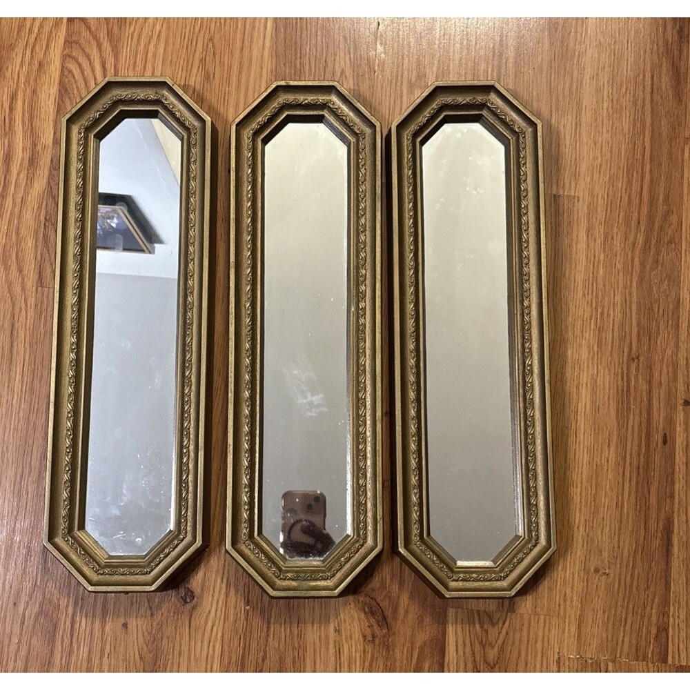 Set 3 VTG Homco Accent Wall Mirrors Hollywood Regency Gold Octagon Skinny ~18”